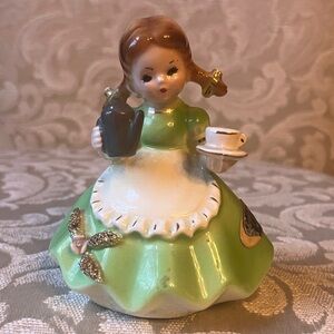 Josef Originals Little Housekeeper pigtails girl coffee pot cup. EUC RARE vtg